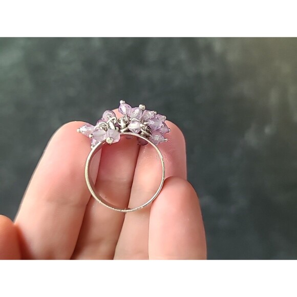 950 Silver Purple Plastic Beaded Cha Cha Ring Vintage, SIZE US 10 - Picture 3 of 10